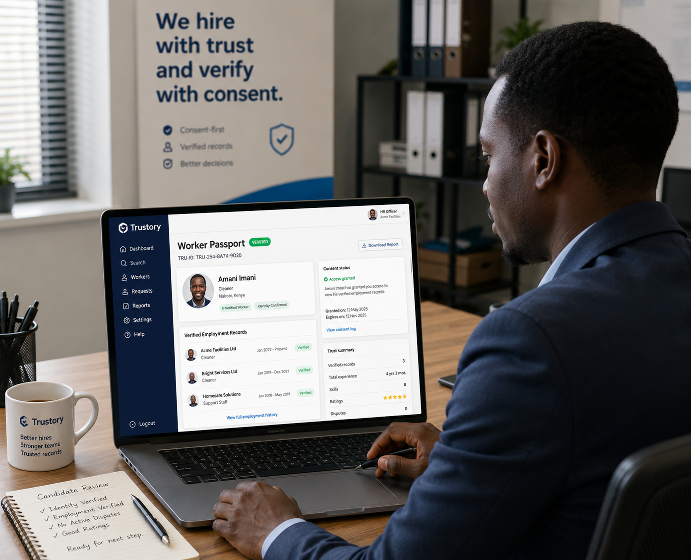 Employer reviewing verified worker history